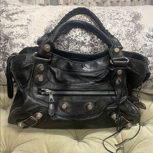 Balenciaga Black Leather Handbag with Silver Details